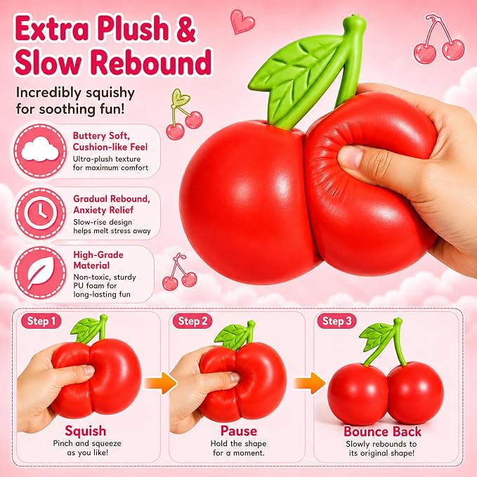 Jumbo Giant Cherry Squishy,Big Squeeze Fidget Toy Stress Relief Slow Rising Fun